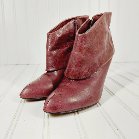 Nine West Burgundy Brown Leather Side Zip Fold Over Lace Back Heel Boots I140 - Picture 2 of 11